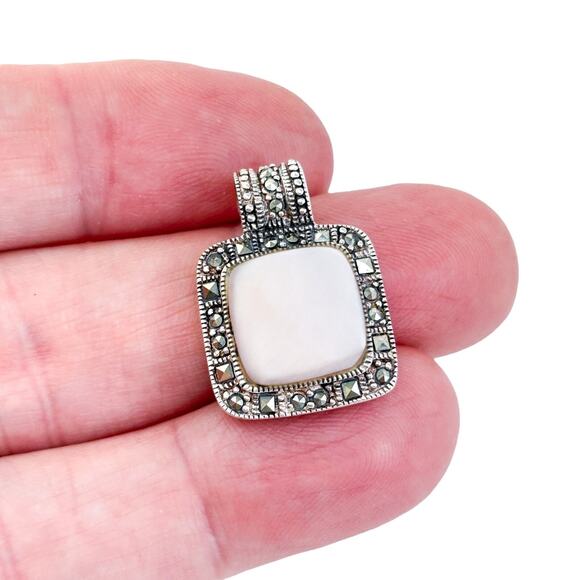 Vintage Sterling Silver 925 Marcasite Mother of Pearl Square Pendant - Picture 1 of 7